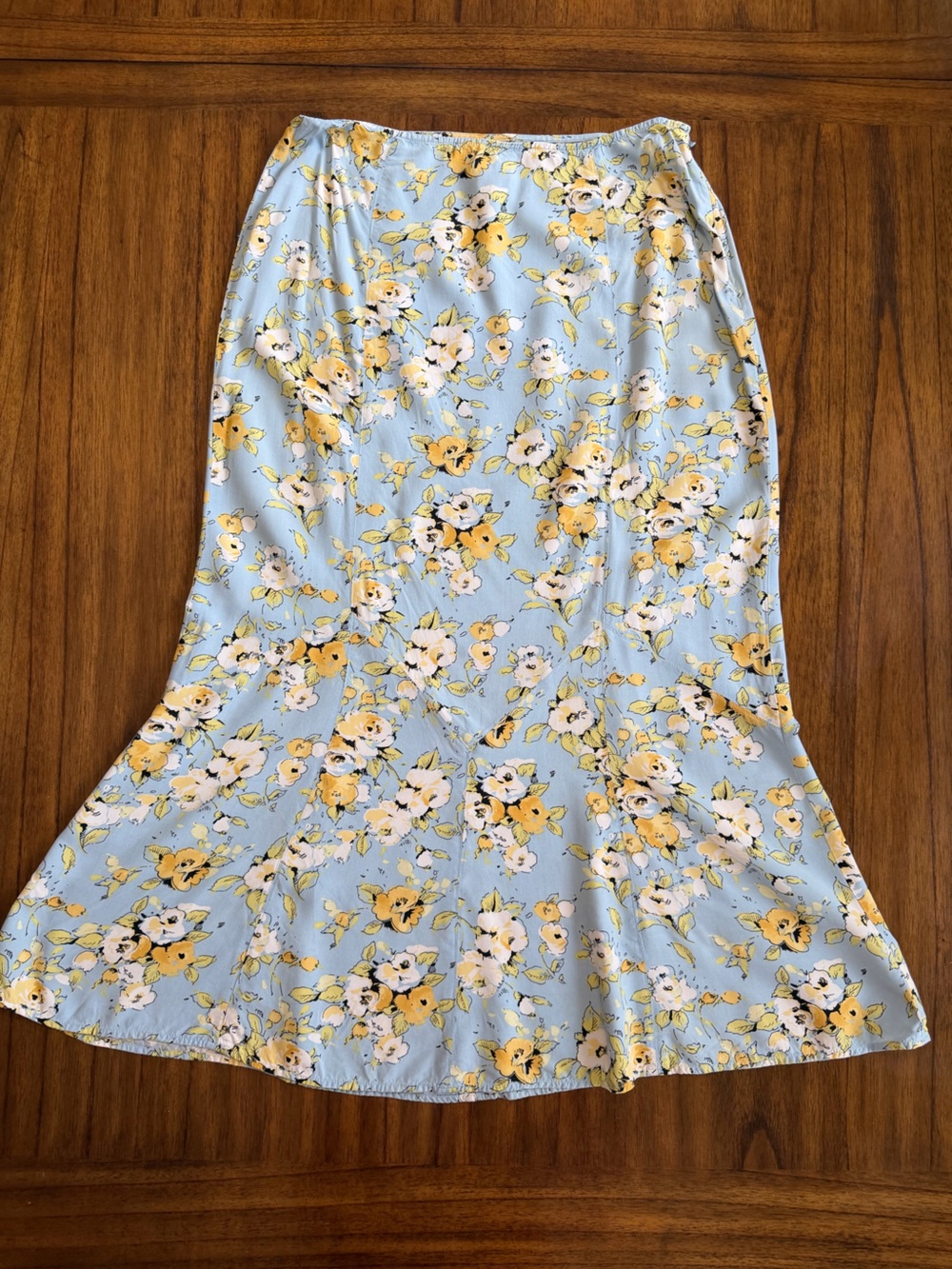 Vintage Emma James Skirt Womens 10 Blue Yellow Flare Hem Godet Midi Rayon W016